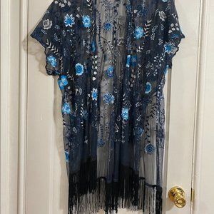 Boho Lace Flower Burnout Kimono in Navy